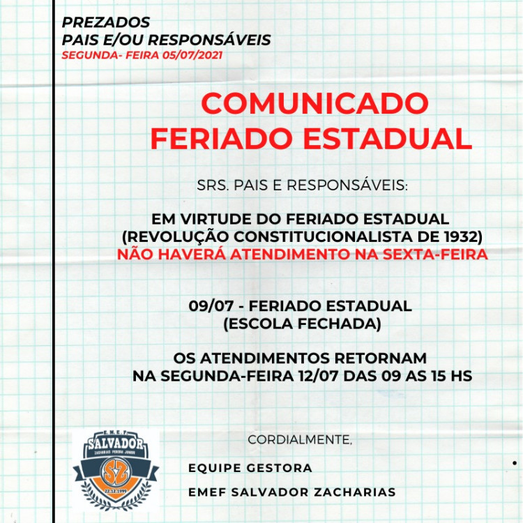 COMUNICADO FERIADO 09 DE  JULHO