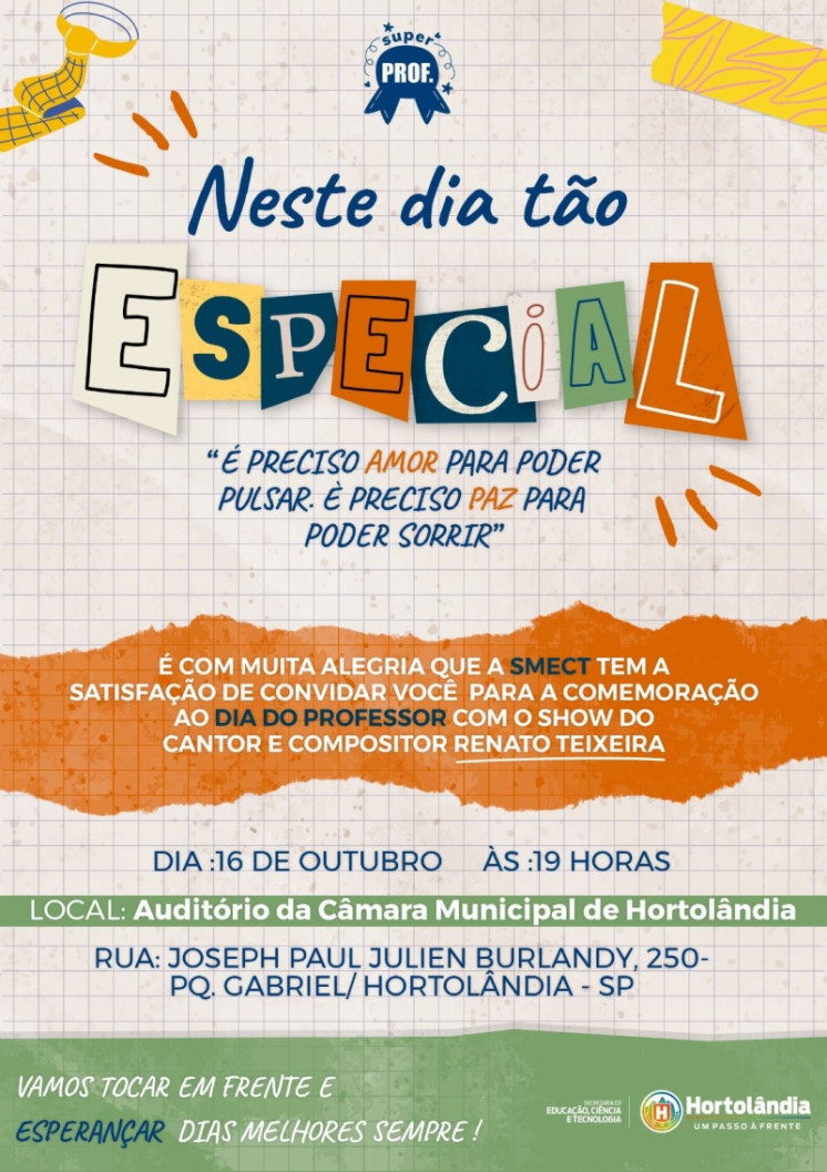 Show de Renato Teixeira marcará homenagem pelo Dia do Professor em Hortolândia