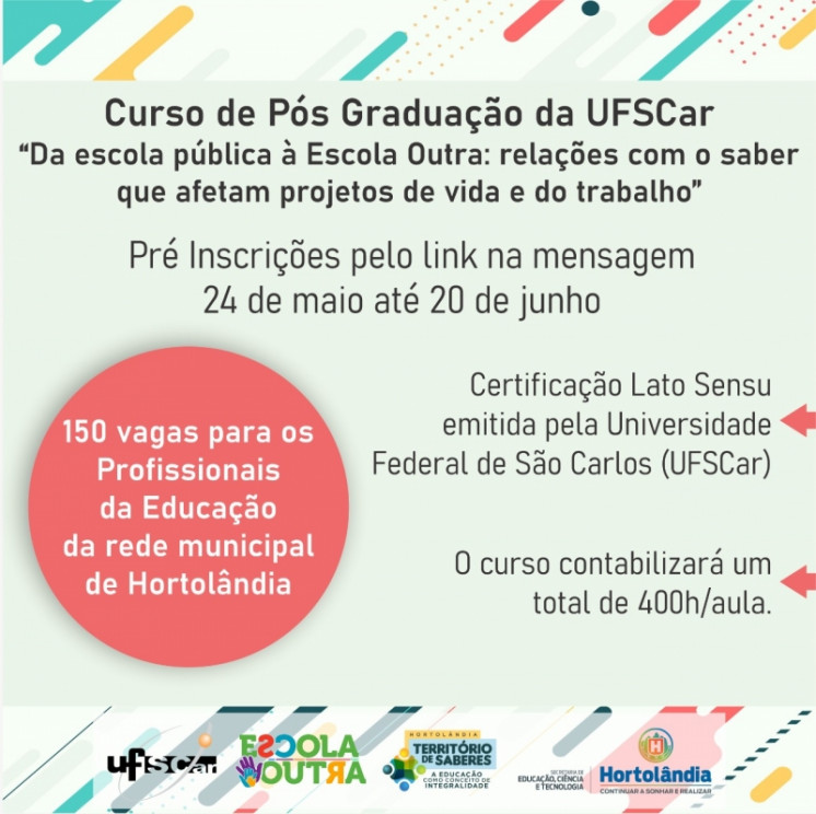 Profissionais da rede municipal de Educação de Hortolândia já podem fazer pré inscrição em curso de pós-graduação da UFSCar
