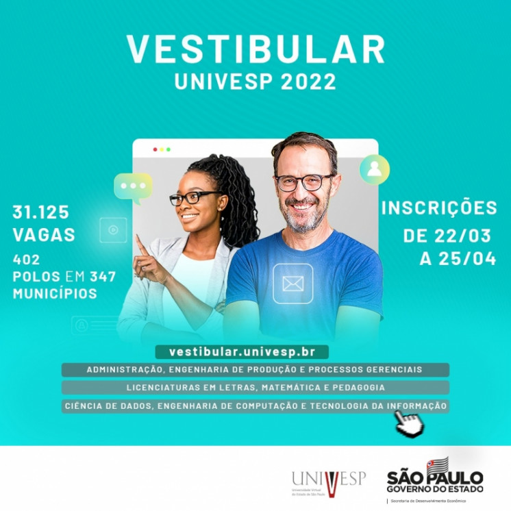 Univesp, universidade pública e gratuita, parceira da Prefeitura, abre inscrições para vestibular do segundo semestre de 2022 Destaque Terça, 15 Março 2022 15:49