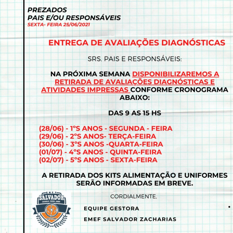 CRONOGRAMA DE RETIRADA DE AVALIAÇÕES DIAGNÓSTICAS